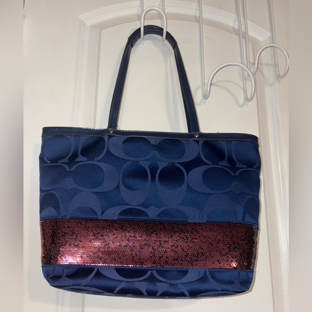 Coach Signature Stripe Sequin Tote Navy Blue Burgundy Patent Trim (F17574) - Picture 5 of 13